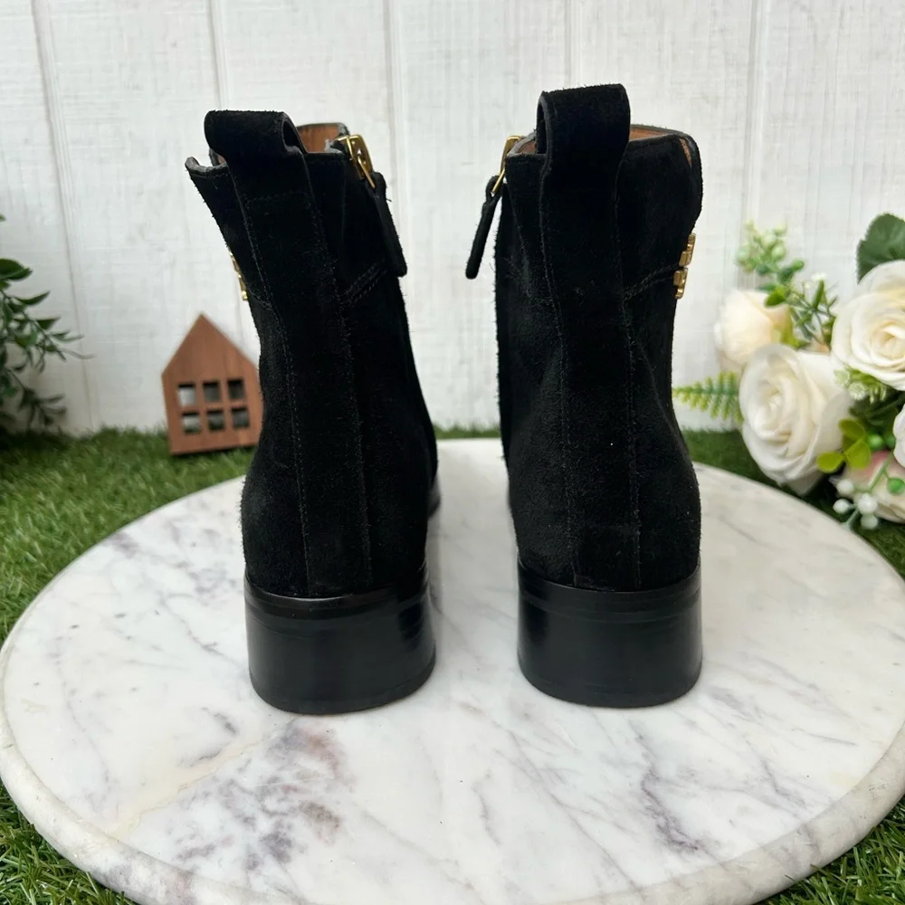 TORY BURCH EVERLY SUEDE ANKLE BOOTIES IN BLACK gold logo SIZE 6 NEW